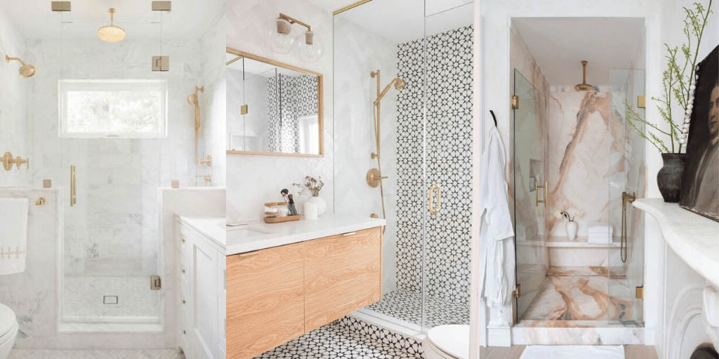 łazienka ze złotymi dodatkami jasna prysznic kabina prysznicowa