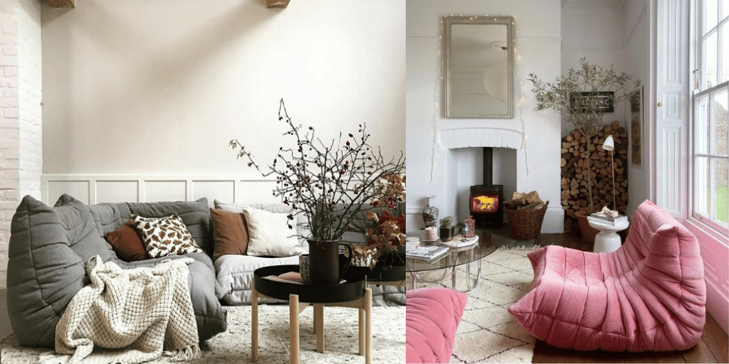 różowa nowoczesna kanapa retro vibe bez nóg szara sofa 
