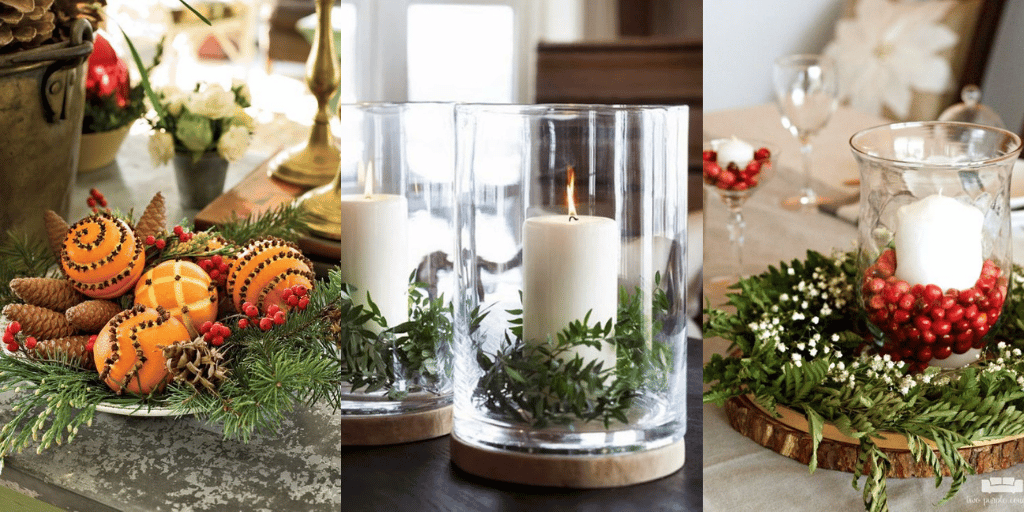naturalne dekoracje świąteczne na stół świecznik nadziewane pomarańcze goździkami 