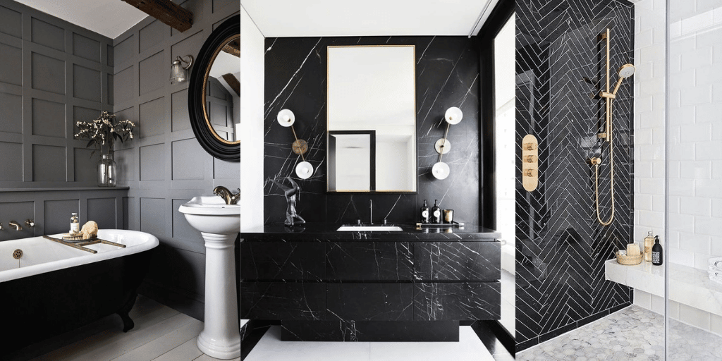 łazienka z ciemnymi ścianami nowoczesna sztukateria czarne kafelki