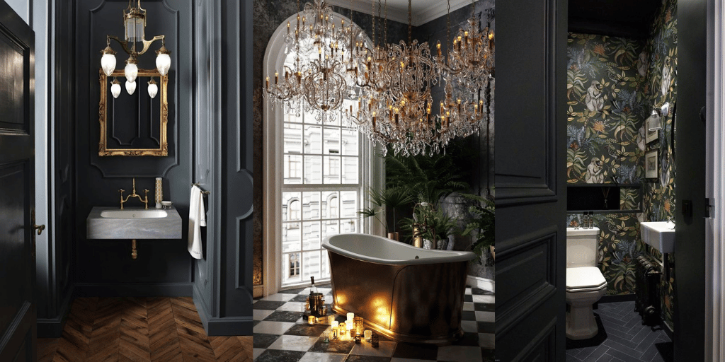 ciemna barokowa łazienka ze sztukaterią żyrandolem bogato zdobioną tapetą 