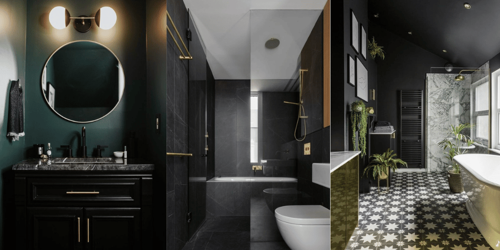 łazienka z czarnymi ścianami ciemna zieleń