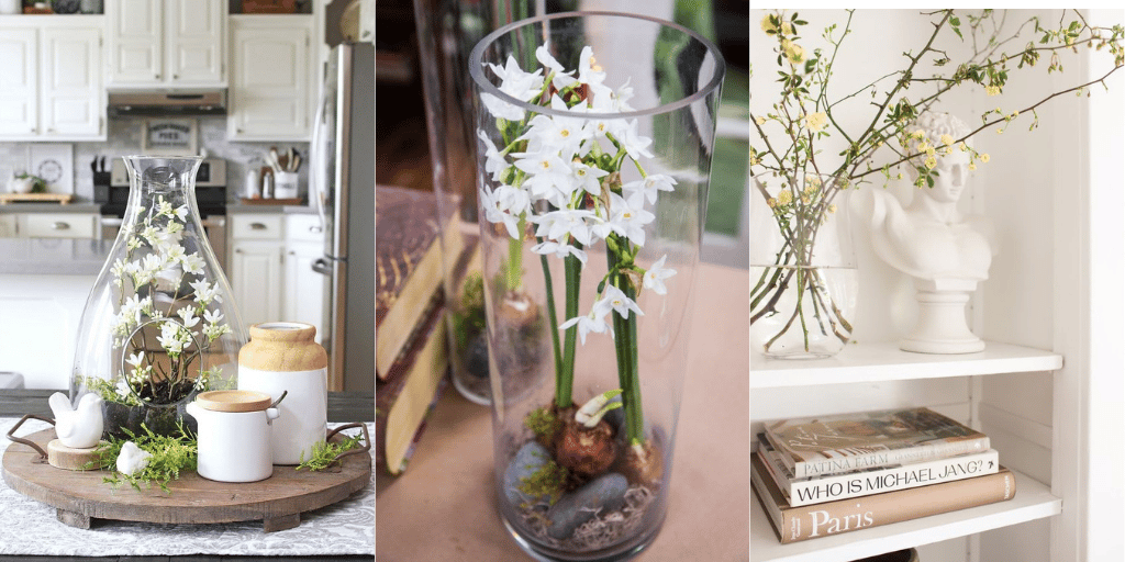 dekoracje na wiosnę do domu forsycja gałęzie hiacynty w szkle 