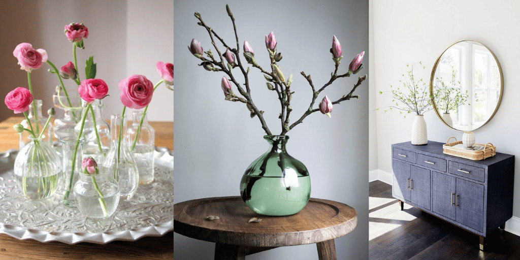 magnolia w wazonie zawilce w małych wazonikach dekoracje na wiosnę 