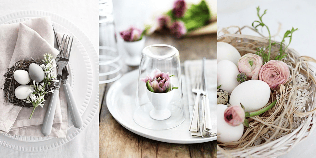 prosta dekoracja stołu na śniadanie wielkanocne kwiaty na talerzy w kieliszku na jajko 