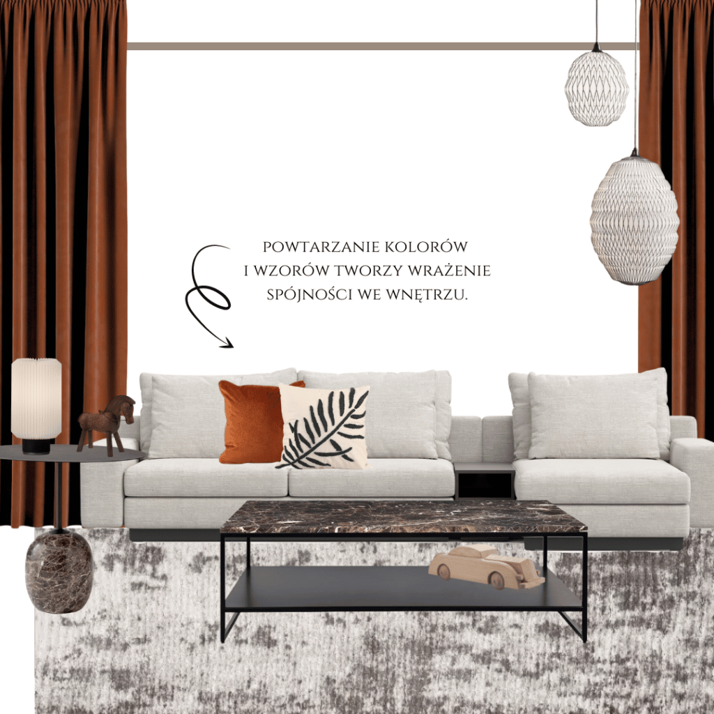 jasna sofa z brązowym stolikiem z marmuru i pomarańczowymi tekstyliami dywan carpet decor fargotex nowoczesny 