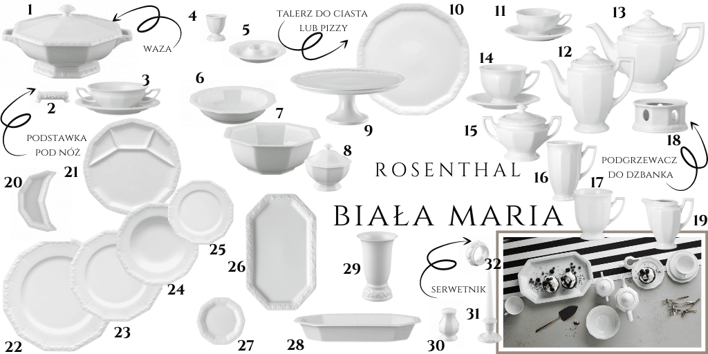 rosenthal biała maria biała zastawa stołowa największy serwis obiadowy i kawowy lekko kanciaste talerze ze zdobieniem na bokach 