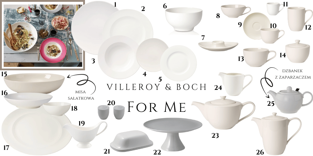 biała zastawa stołowa w ciepłym odcieniu bieli Villeroy&Boch For Me duży serwis z wieloma elementami które można dokupować prosty klasyczny 