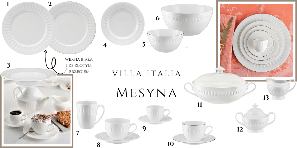 biały serwis obiadowy z wazą niedrogi Villa Italia Mesyna ze złotą linią na brzegu 