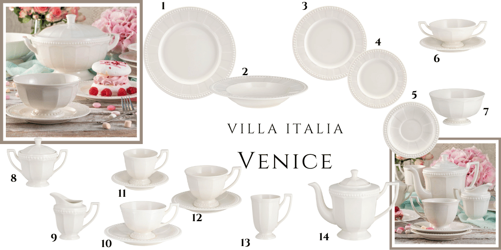 Venice Villa Italia biała porcelana obiadowa i kawowa naczynia romantyczne eleganckie serwis jak biała maria rosenthal 