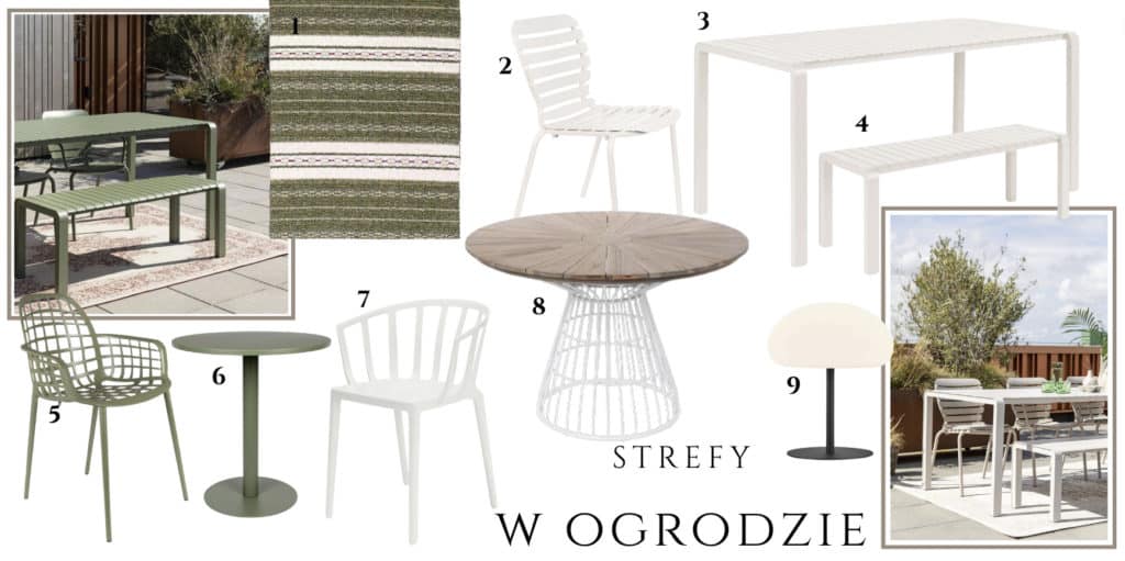 białe zielone meble metalowe na taras minimalistyczny nowoczesny zestaw stół z krzesłami ławka do stołu na taras 