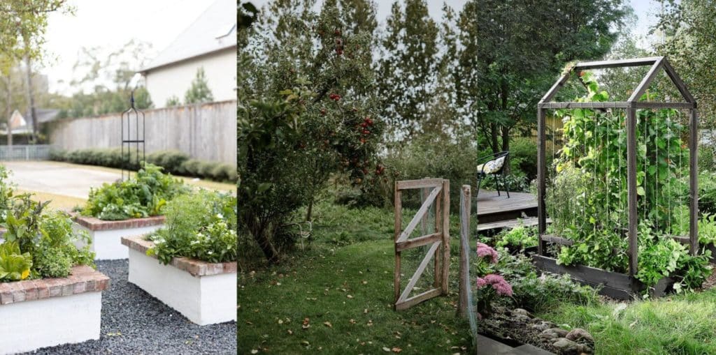 ogród z drzewami owocowymi uprawa ogórków pnących w ogrodzie konstrukcja domek murowane z cegieł skrzynie na warzywa i owoce 