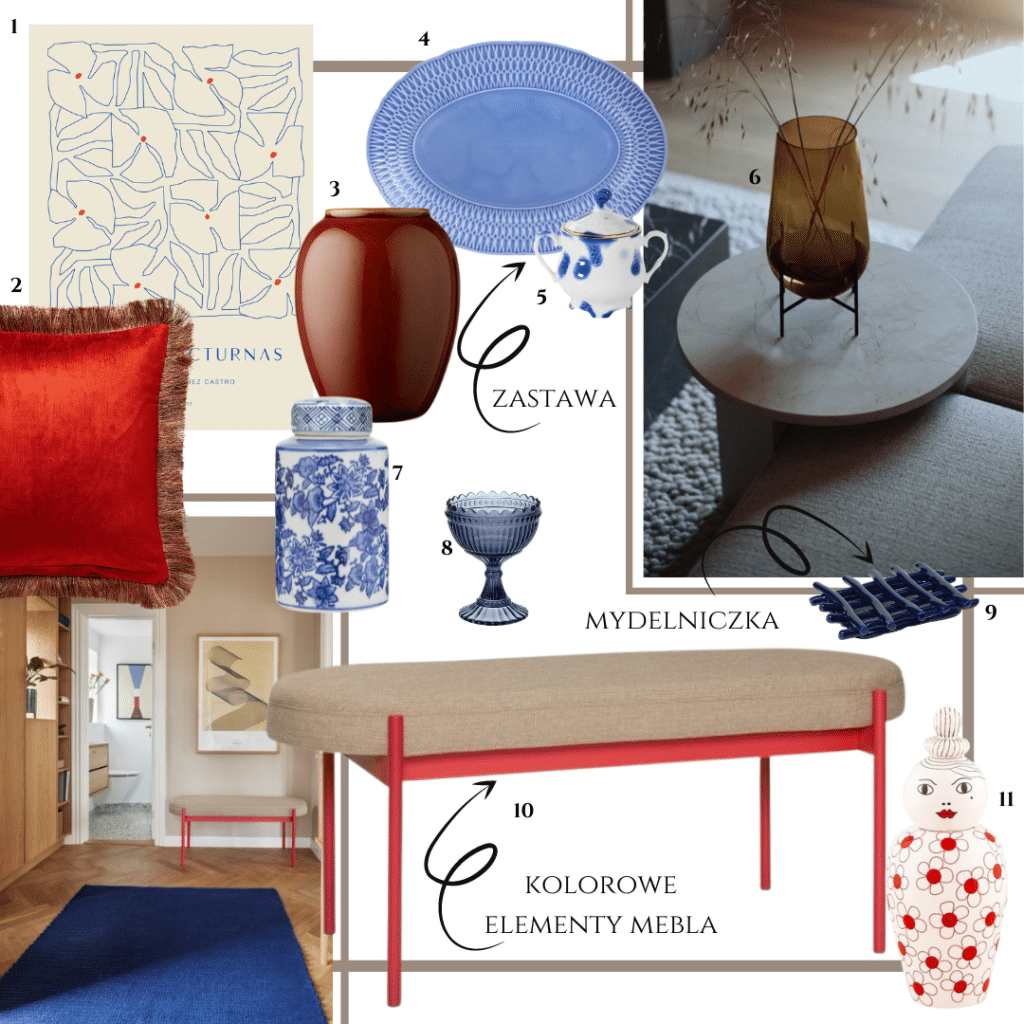niebieskie i czerwone dodatki w domu kontrastowe akcenty w dekorowaniu wnętrz jakie elementy kupować do domu w ostrych kolorach poduszka dekoracyjna czerwona z frędzlami wazon z głową 